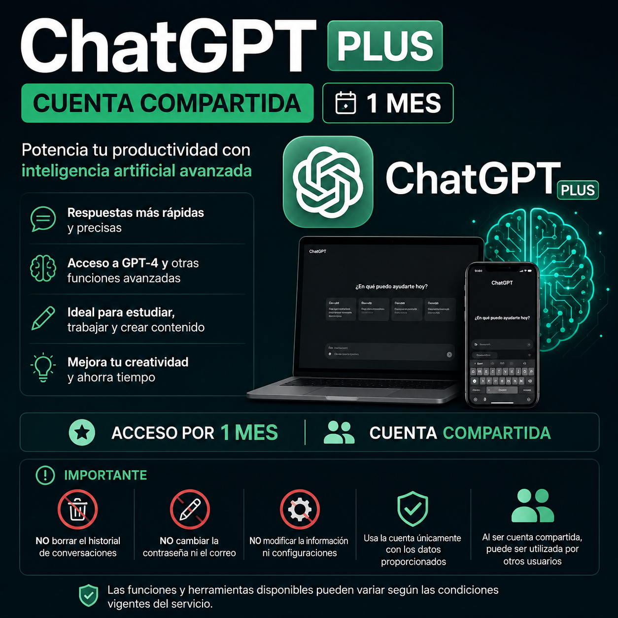🤖✨ ChatGPT Plus – Cuenta Compartida | 1 Mes 🚀💬