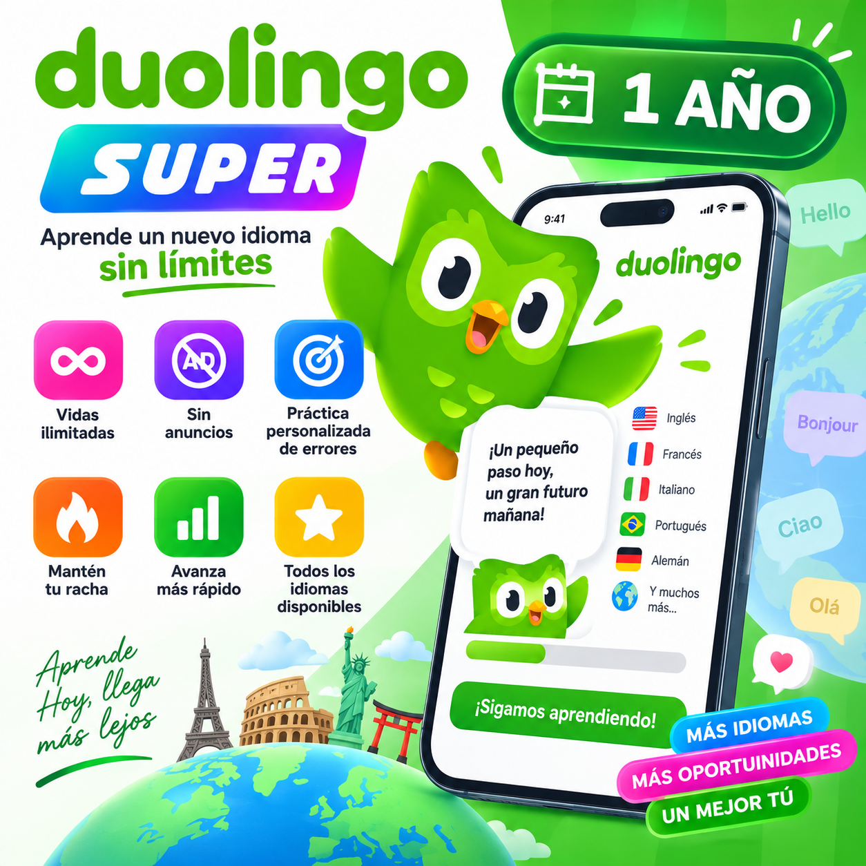 🦉💚 Duolingo Super – 1 Año | Aprende sin Límites 🌎✨