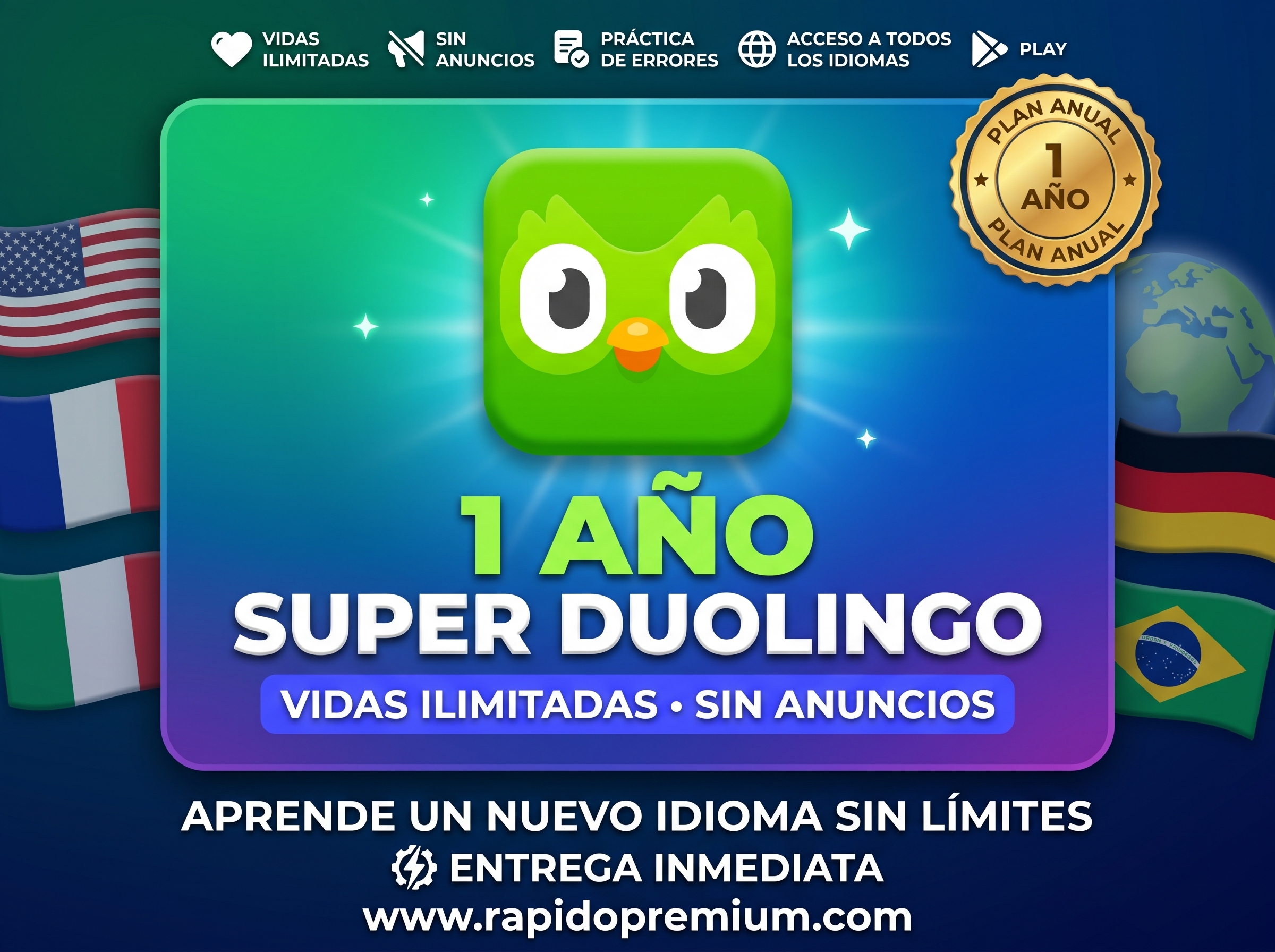 🦉 Duolingo Super 1 Año | Vidas Ilimitadas Sin Anuncios ⚡